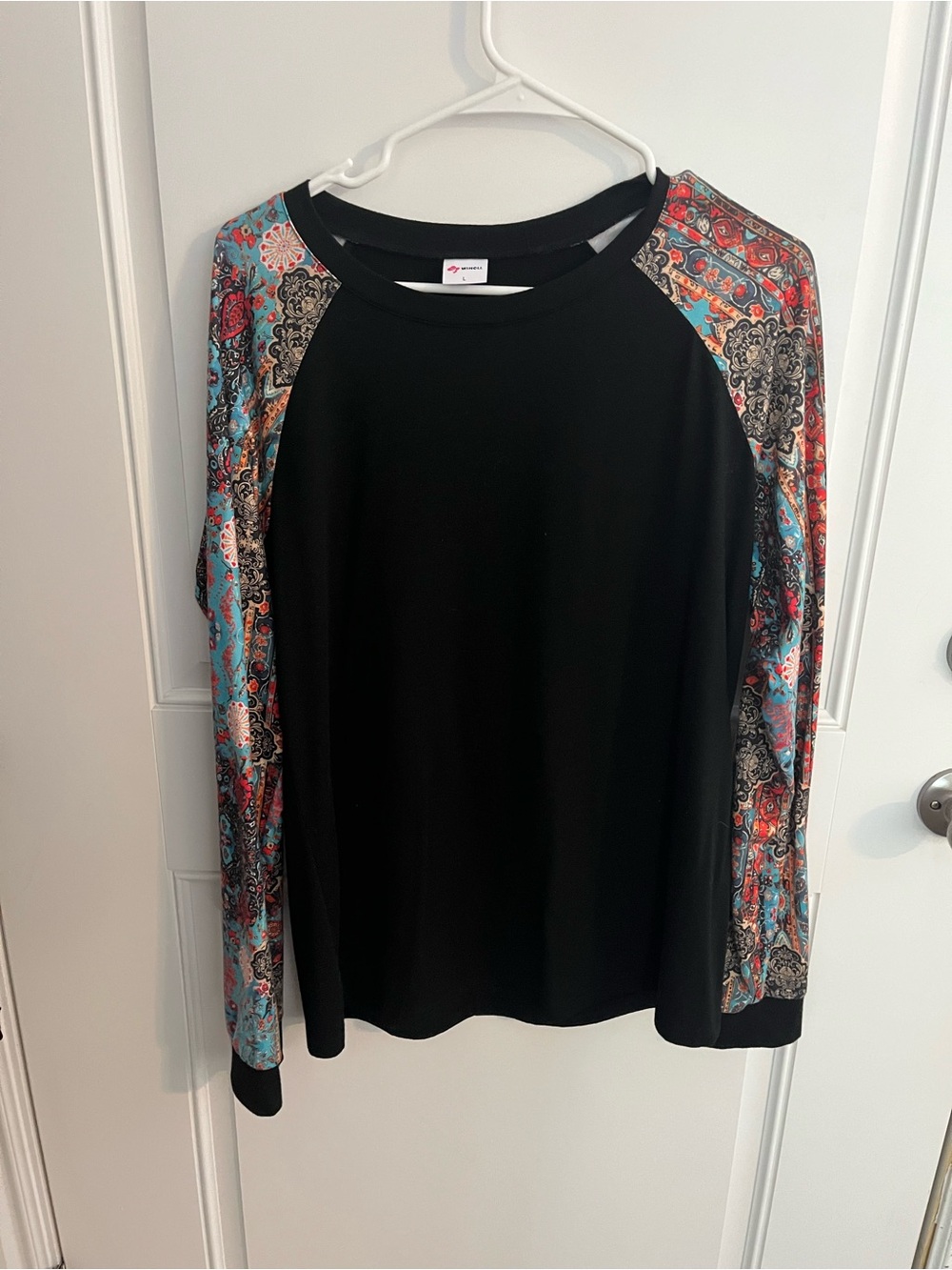 Black Raglan Long Sleeve Top with Multicolor Paisley Sleeves